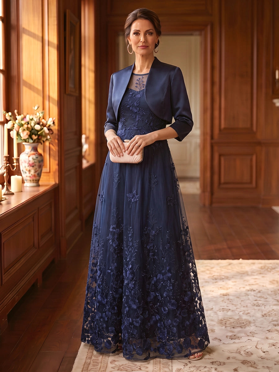 A-Line/Princess Scoop Mother of the Bride Dresses with Jacket Satin Lace Embroidery Floral Floor-Length 3/4 Sleeves
