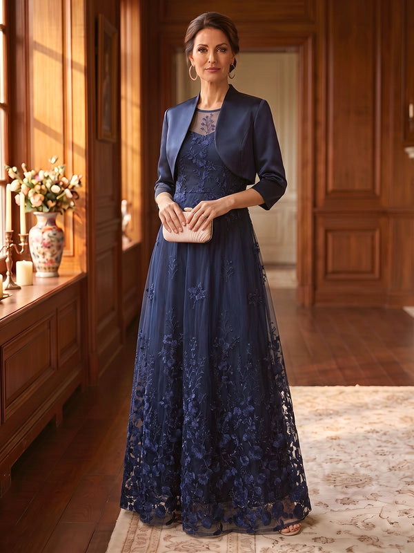 A-Line/Princess Scoop Mother of the Bride Dresses with Jacket Satin Lace Embroidery Floral Floor-Length 3/4 Sleeves