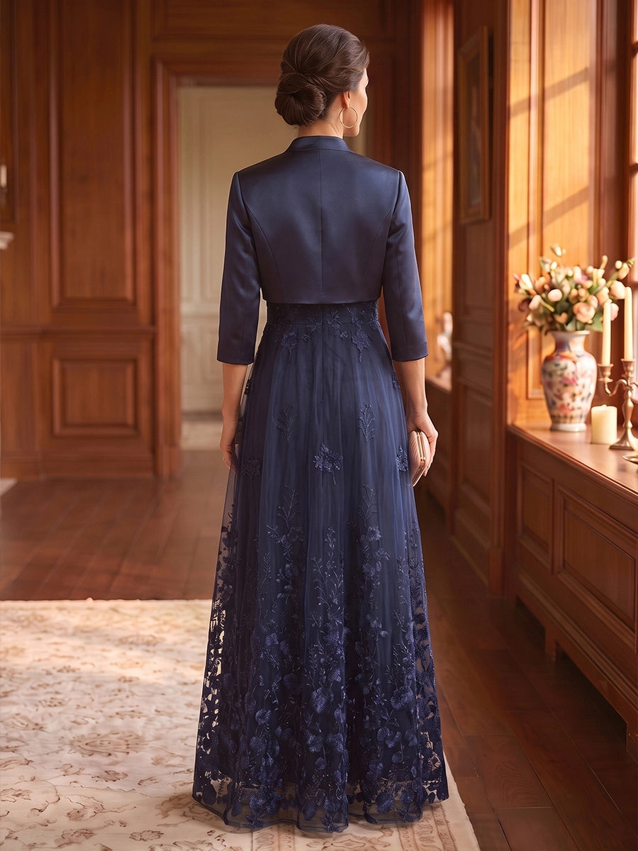 A-Line/Princess Scoop Mother of the Bride Dresses with Jacket Satin Lace Embroidery Floral Floor-Length 3/4 Sleeves