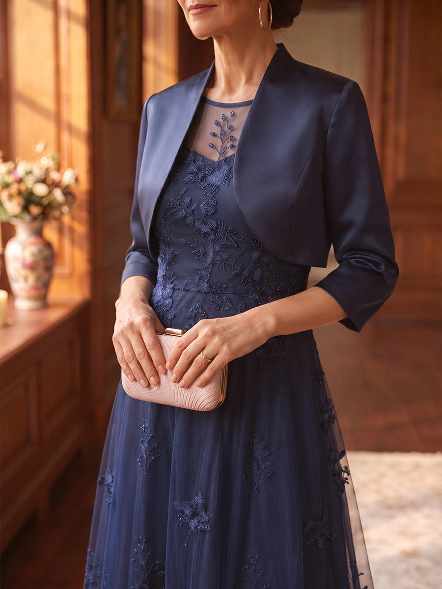 A-Line/Princess Scoop Mother of the Bride Dresses with Jacket Satin Lace Embroidery Floral Floor-Length 3/4 Sleeves