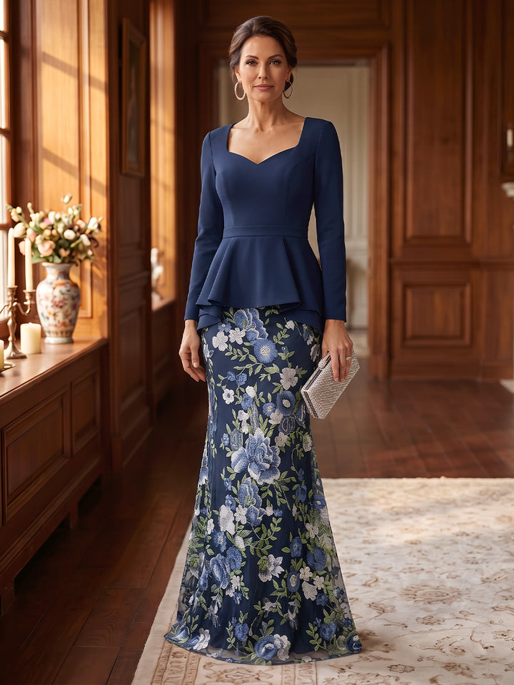 Trumpet/Mermaid Square Collar Stretch Satin Mother of The Bride Dresses Lace Floral Long Sleeves Floor Length