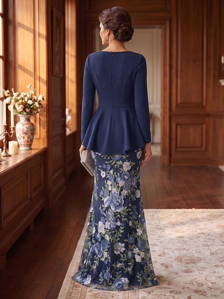 Trumpet/Mermaid Square Collar Stretch Satin Mother of The Bride Dresses Lace Floral Long Sleeves Floor Length