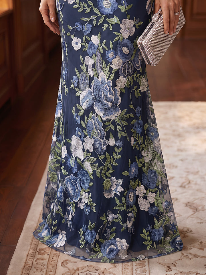 Trumpet/Mermaid Square Collar Stretch Satin Mother of The Bride Dresses Lace Floral Long Sleeves Floor Length