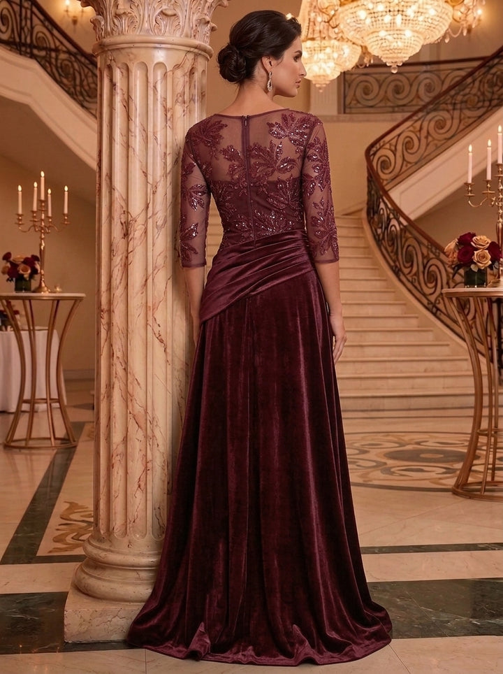 A-Line/Princess Scoop Velvet Mother of the Bride Dresses Floor-Length Floral Sequins 3/4 Sleeves Ruched
