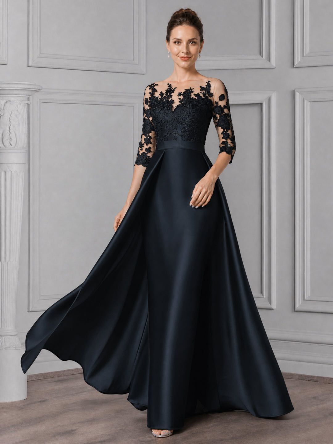 Sheath/Column Scoop Satin Mother of the Bride Dresses with Overskirt Lace Floral Floor-Length 3/4 Sleeves