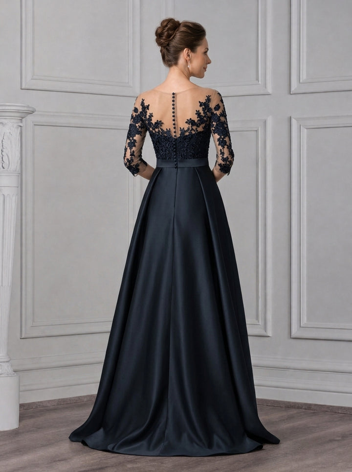 Sheath/Column Scoop Satin Mother of the Bride Dresses with Overskirt Lace Floral Floor-Length 3/4 Sleeves