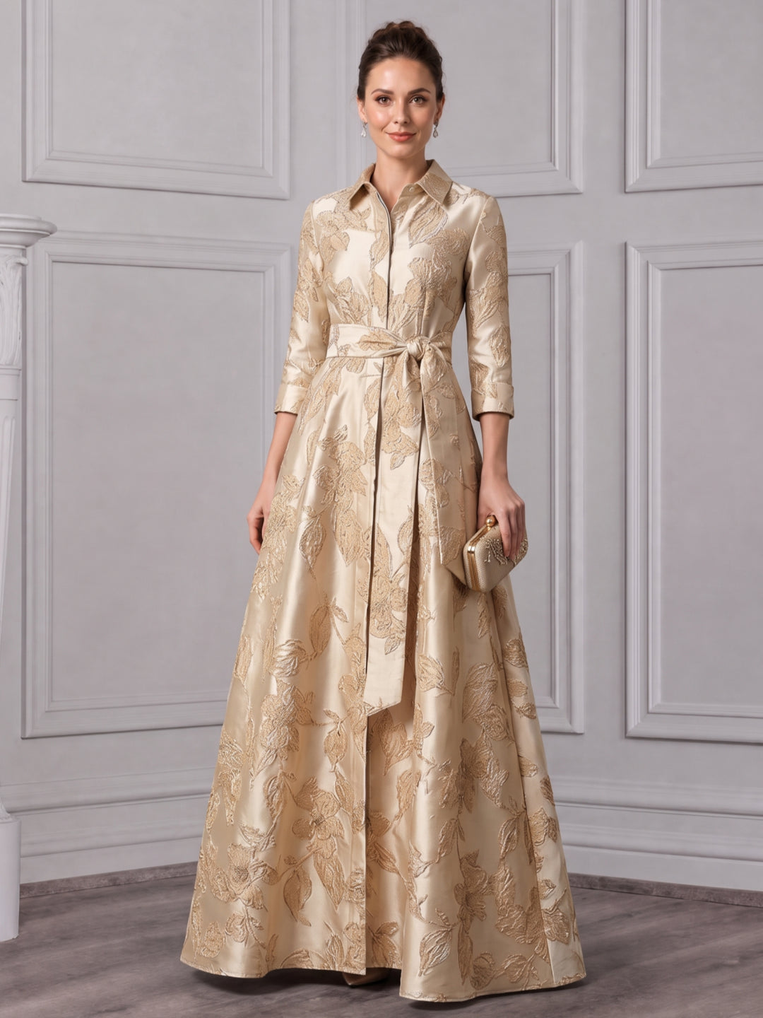 A-Line/Princess Shirt Collar Jacquard Mother of the Bride Dresses Floor-Length Belt 3/4 Sleeves Floral
