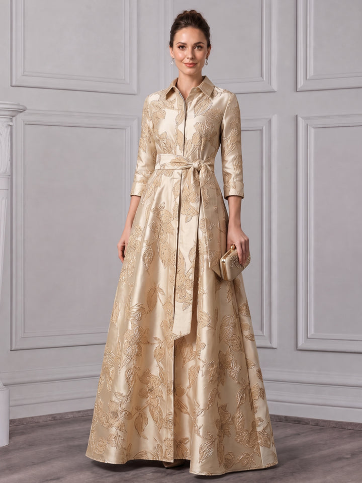 A-Line/Princess Shirt Collar Jacquard Mother of the Bride Dresses Floor-Length Belt 3/4 Sleeves Floral