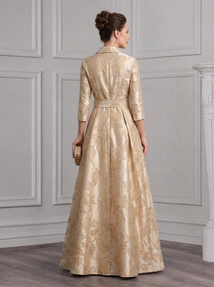 A-Line/Princess Shirt Collar Jacquard Mother of the Bride Dresses Floor-Length Belt 3/4 Sleeves Floral