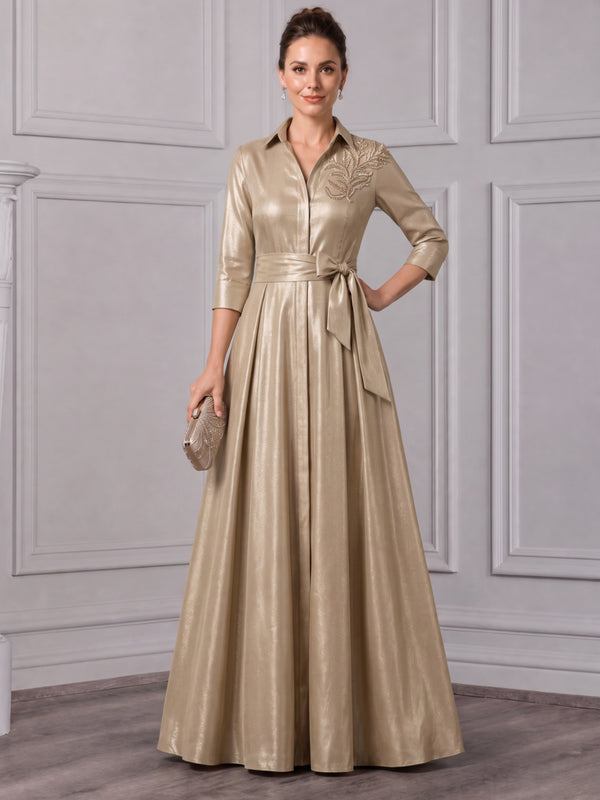 A-Line/Princess Shirt Collar Taffeta Mother of the Bride Dresses Floor-Length Bowknot 3/4 Sleeves