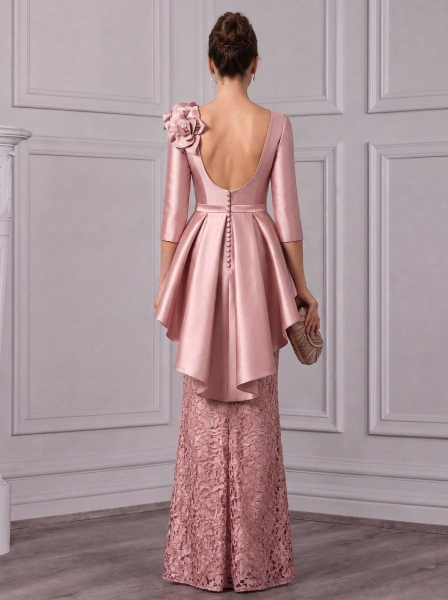 Sheath/Column V-Neck Satin Mother of the Bride Dresses with 3D Flowers Lace Floor-Length 3/4 Sleeves