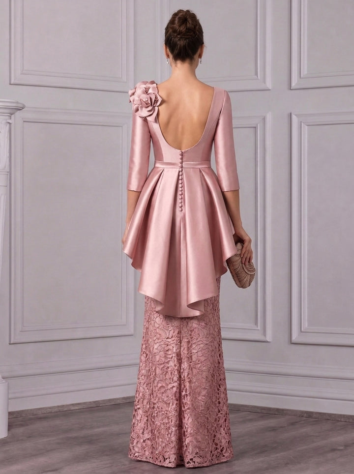 Sheath/Column V-Neck Satin Mother of the Bride Dresses with 3D Flowers Lace Floor-Length 3/4 Sleeves