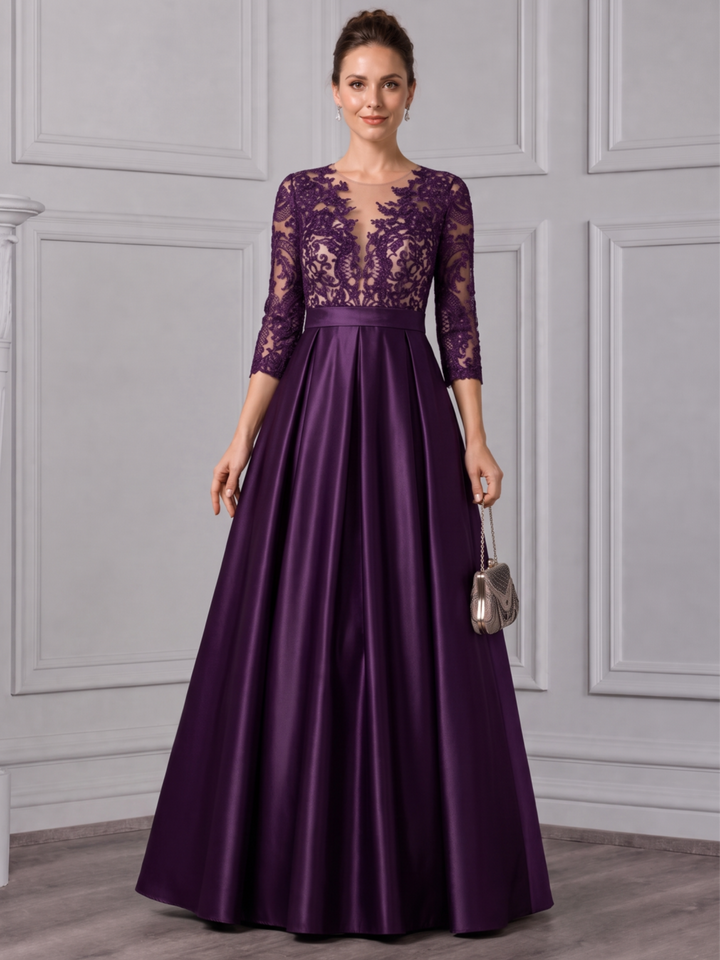 A-Line/Princess Scoop Satin Mother of the Bride Dresses Lace Floral Floor-Length 3/4 Sleeves