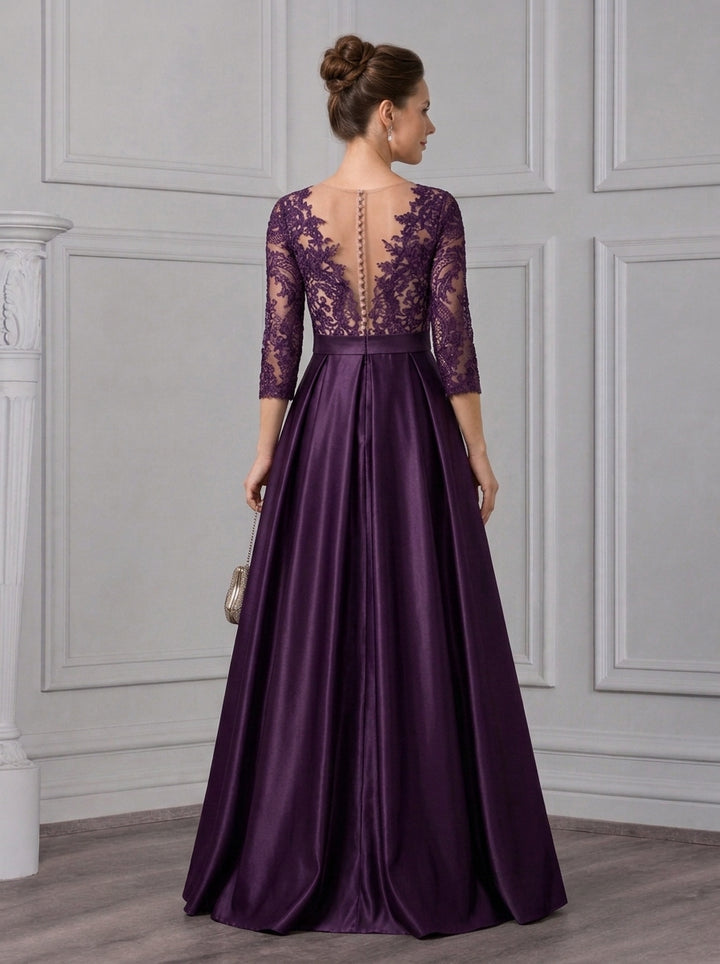 A-Line/Princess Scoop Satin Mother of the Bride Dresses Lace Floral Floor-Length 3/4 Sleeves