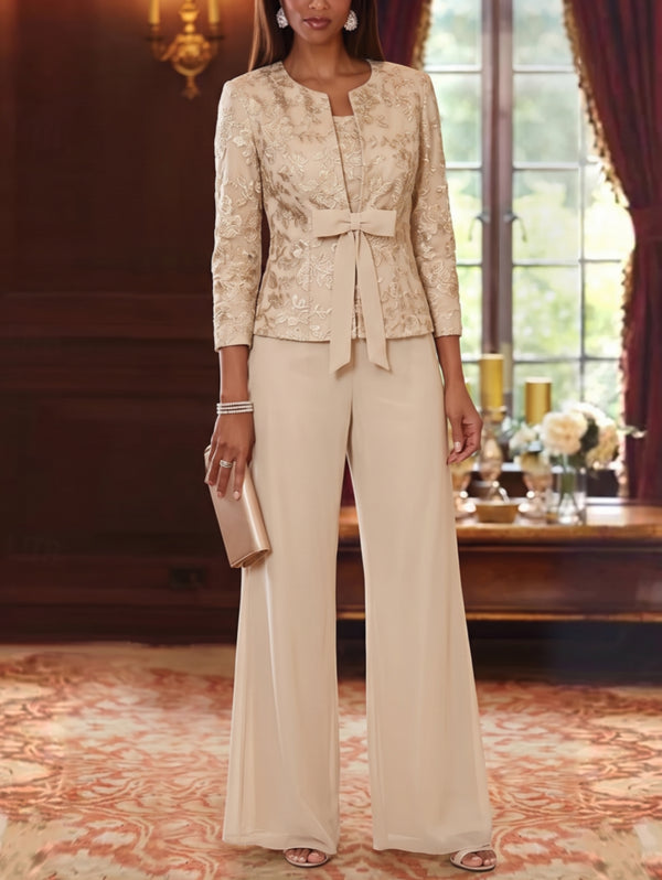 3 Pieces Scoop Chiffon Mother of the Bride Pantsuits with Jacket 3/4 Sleeves Lace Floral Floor-Length