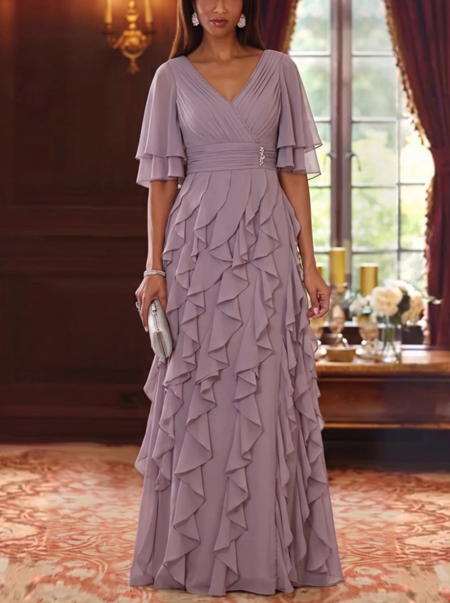 A-Line/Princess V-Neck Chiffon Mother of the Bride Dresses Half Sleeves Ruffles Floor-Length Ruched