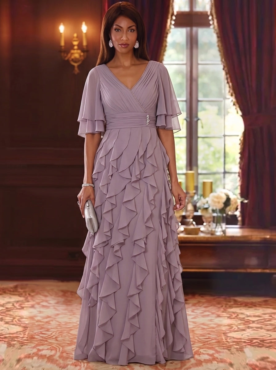 A-Line/Princess V-Neck Chiffon Mother of the Bride Dresses Half Sleeves Ruffles Floor-Length Ruched