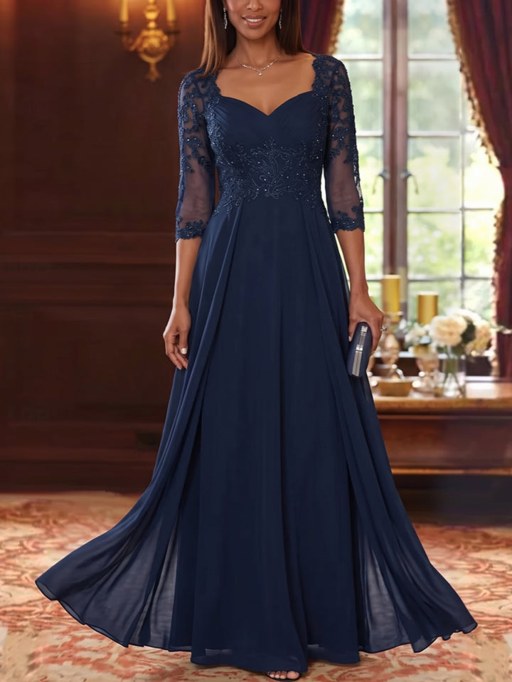 A-Line/Princess V-Neck Chiffon Mother of the Bride Dresses with Overskirt 3/4 Sleeves Lace Floral Floor-Length