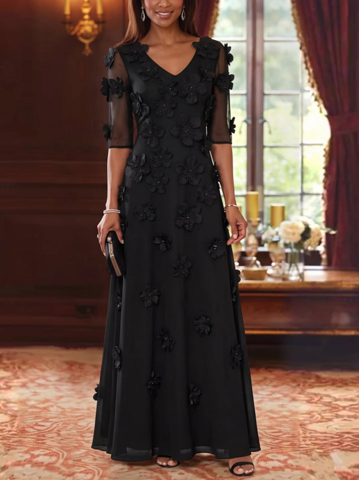 A-Line/Princess V-Neck Chiffon Mother of the Bride Dresses with 3D Flowers Half Sleeves Floor-Length