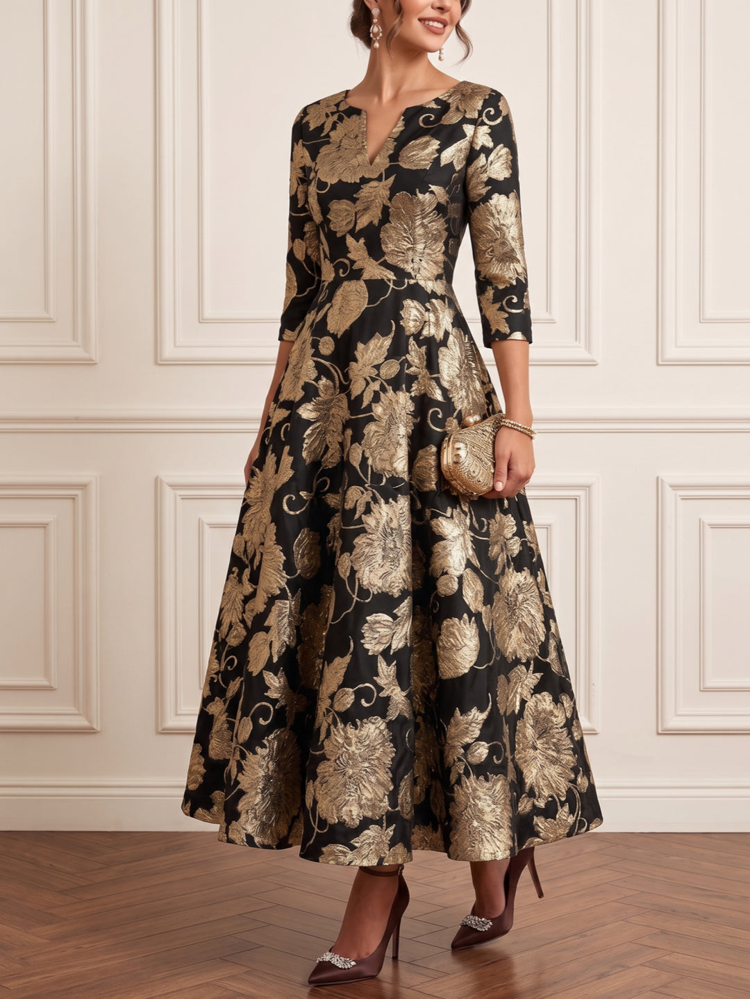 A-Line/Princess V-Neck Jacquard Mother of the Bride Dresses Ankle-Length 3/4 Sleeves Floral