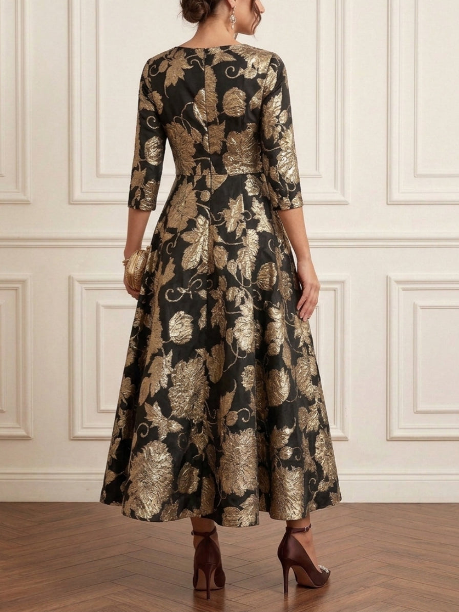A-Line/Princess V-Neck Jacquard Mother of the Bride Dresses Ankle-Length 3/4 Sleeves Floral