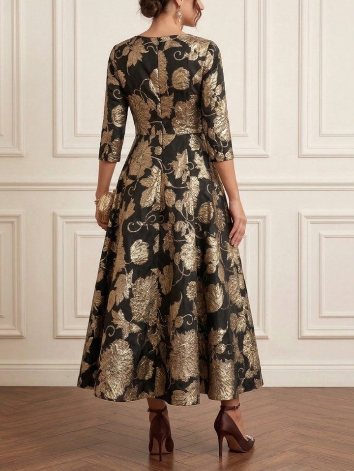 A-Line/Princess V-Neck Jacquard Mother of the Bride Dresses Ankle-Length 3/4 Sleeves Floral