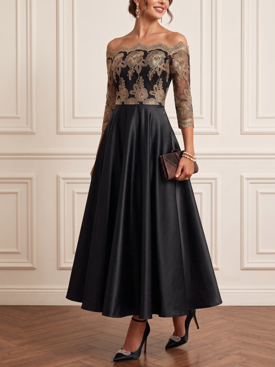 A-Line/Princess Off-the-Shoulder Satin Mother of the Bride Dresses Lace Floral Ankle-Length 3/4 Sleeves
