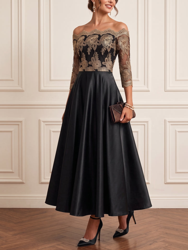 A-Line/Princess Off-the-Shoulder Satin Mother of the Bride Dresses Lace Floral Ankle-Length 3/4 Sleeves