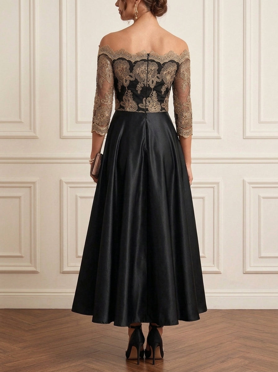 A-Line/Princess Off-the-Shoulder Satin Mother of the Bride Dresses Lace Floral Ankle-Length 3/4 Sleeves
