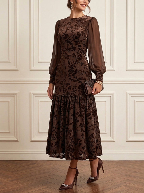 A-Line/Princess Scoop Velvet Burnout Mother of the Bride Dresses Ankle-Length Floral Long Sleeves