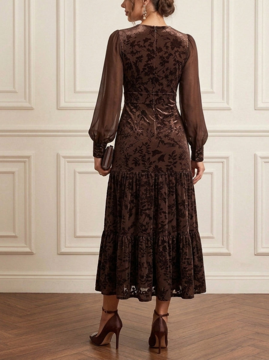 A-Line/Princess Scoop Velvet Burnout Mother of the Bride Dresses Ankle-Length Floral Long Sleeves