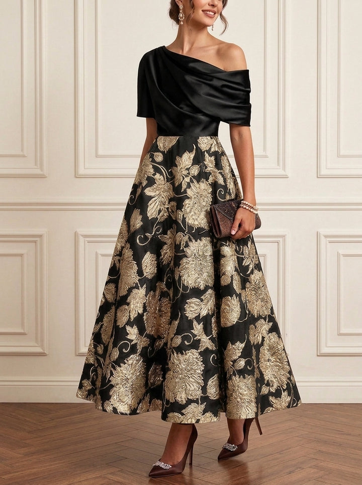A-Line/Princess One-Shoulder Jacquard Mother of the Bride Dresses Ankle-Length Short Sleeves Floral