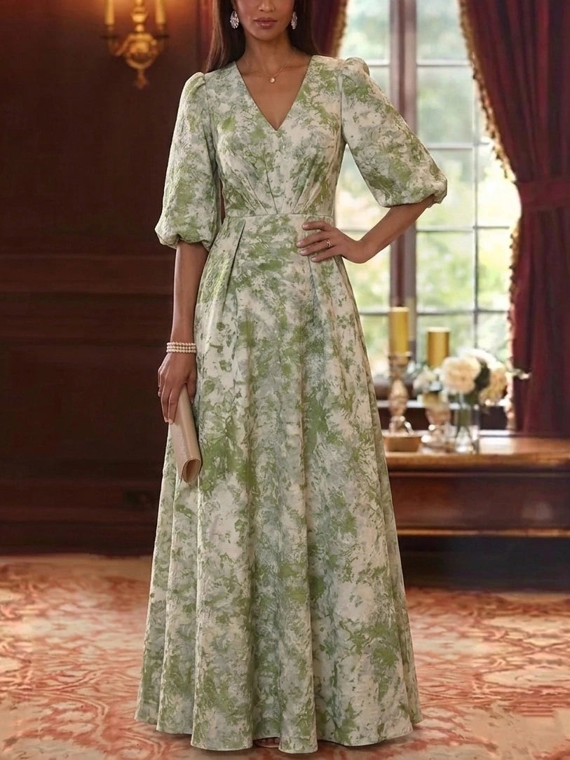 A-Line/Princess V-Neck Jacquard Mother of the Bride Dresses Floor-Length Half Sleeves with Ruched
