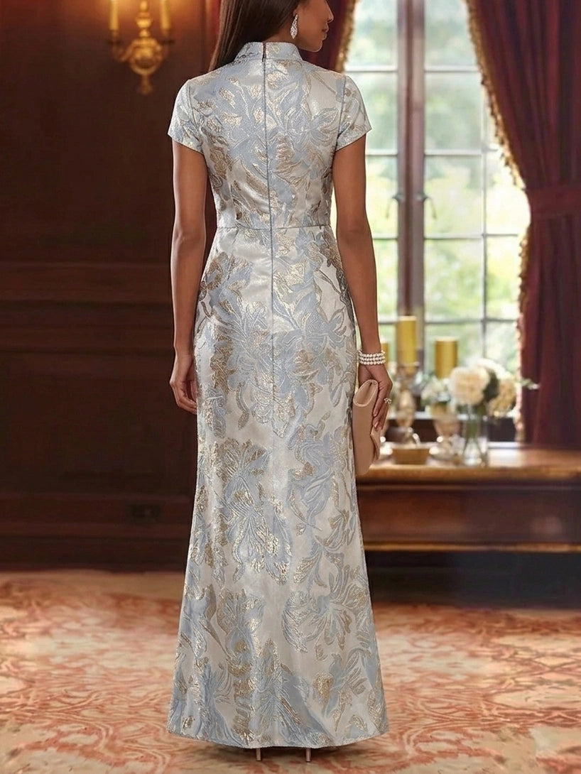 A-Line/Princess V-Neck Jacquard Mother of the Bride Dresses Floor-Length Short Sleeves with Ruched