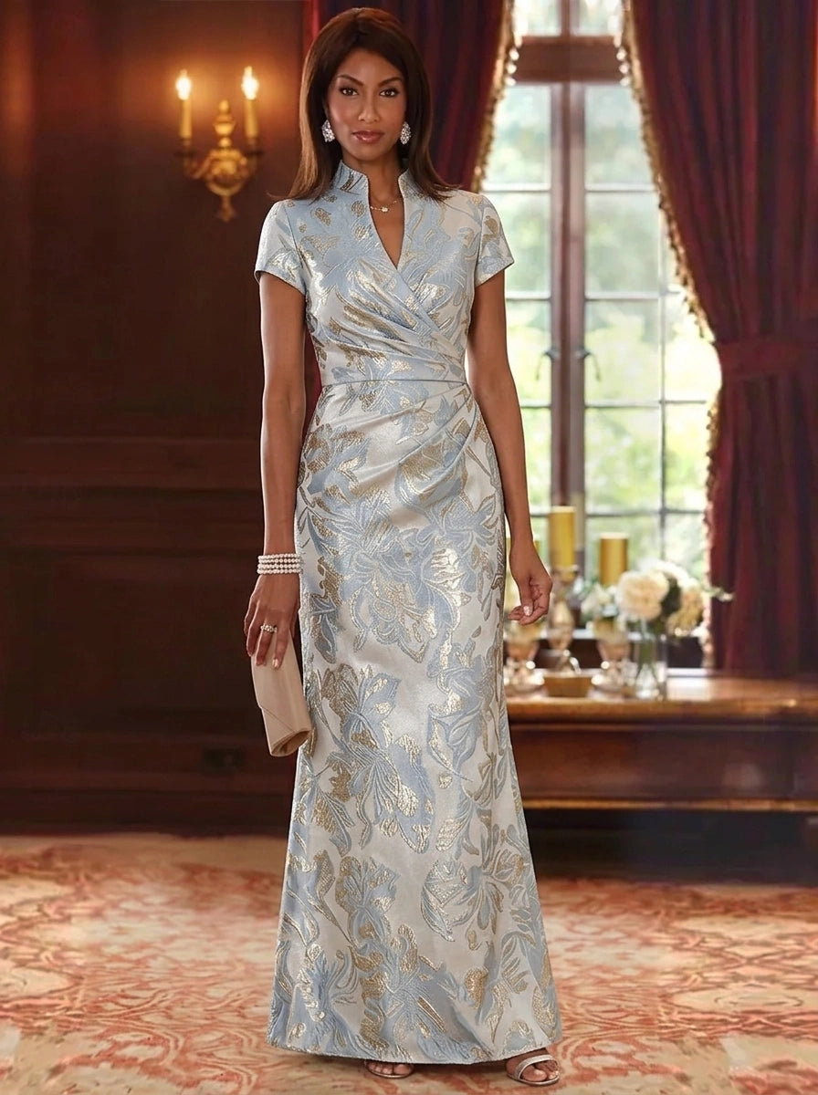 A-Line/Princess V-Neck Jacquard Mother of the Bride Dresses Floor-Length Short Sleeves with Ruched