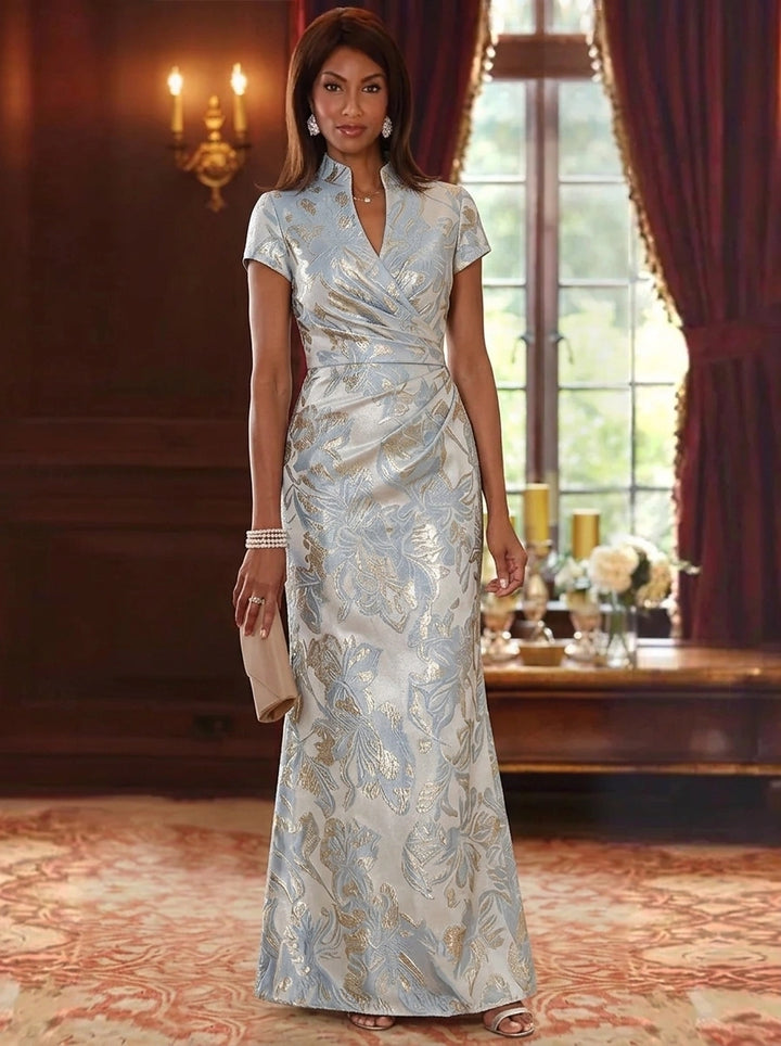 A-Line/Princess V-Neck Jacquard Mother of the Bride Dresses Floor-Length Short Sleeves with Ruched