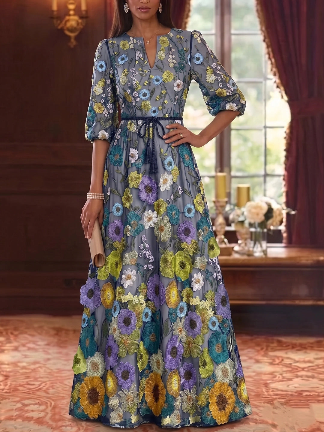 A-Line/Princess Scoop Lace Mother of the Bride Dresses 3/4 Sleeves Floor-Length With Embroidered Floral
