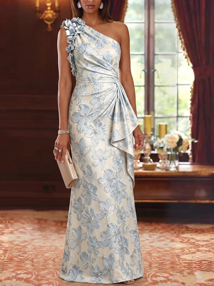 Sheath/Column One-Shoulder Jacquard Mother of the Bride Dresses Floor-Length 3D Flowers Sleeveless With Ruffles