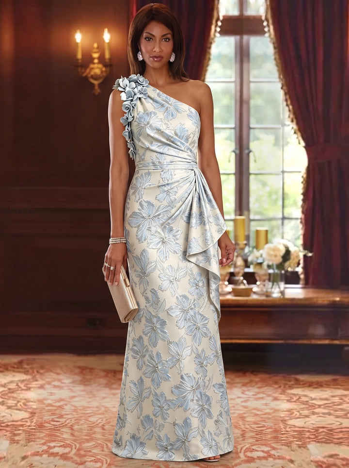 Sheath/Column One-Shoulder Jacquard Mother of the Bride Dresses Floor-Length 3D Flowers Sleeveless With Ruffles