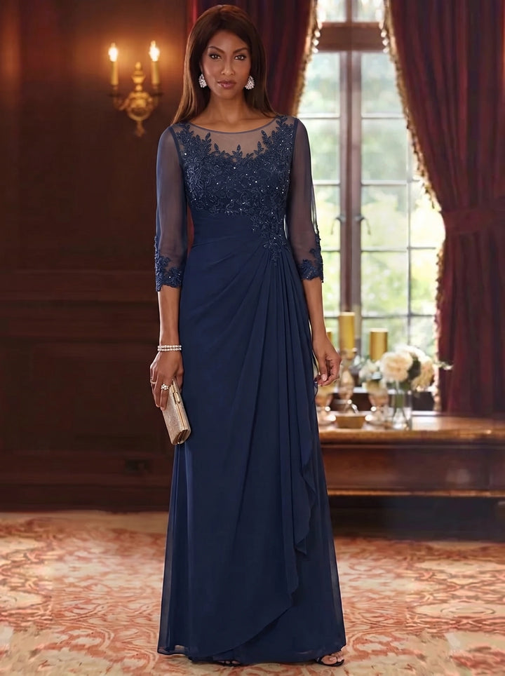 A-Line/Princess Scoop Chiffon Mother of the Bride Dresses 3/4 Sleeves Floor-Length Lace Sequins Floral