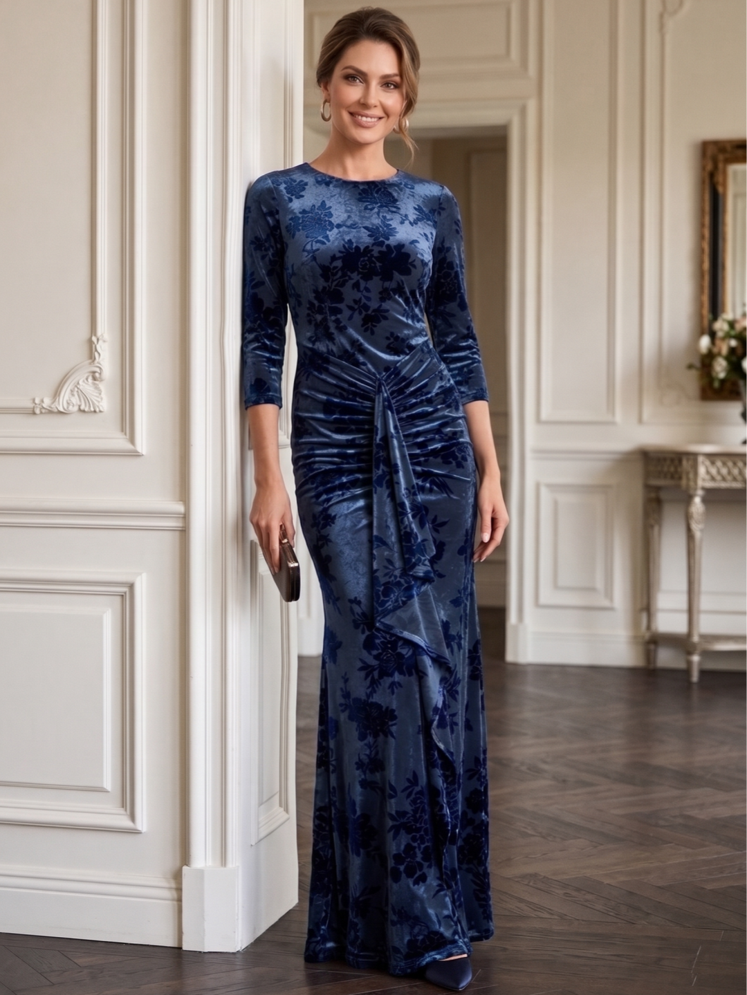 Sheath/Column Scoop Velvet Mother of The Bride Dresses Floral Ruched 3/4 Sleeves Floor-Length