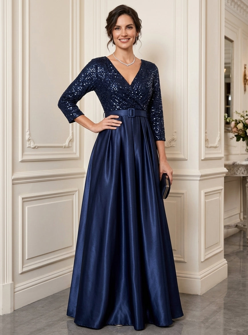 A-Line/Princess V-Neck Satin Mother of the Bride Dresses Sequins Floor-Length 3/4 Sleeves Belt