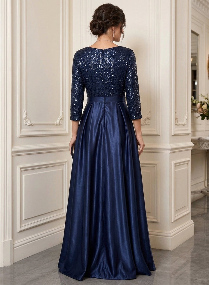 A-Line/Princess V-Neck Satin Mother of the Bride Dresses Sequins Floor-Length 3/4 Sleeves Belt