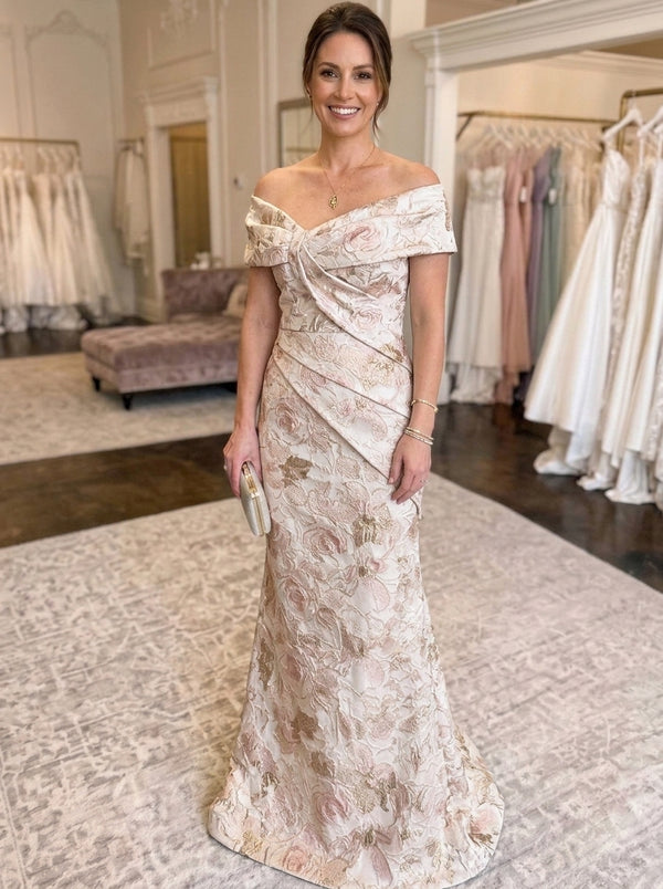Trumpet/Mermaid Off-the-Shoulder Jacquard Mother of the Bride Dresses Floral Floor-Length Ruched Sleeveless
