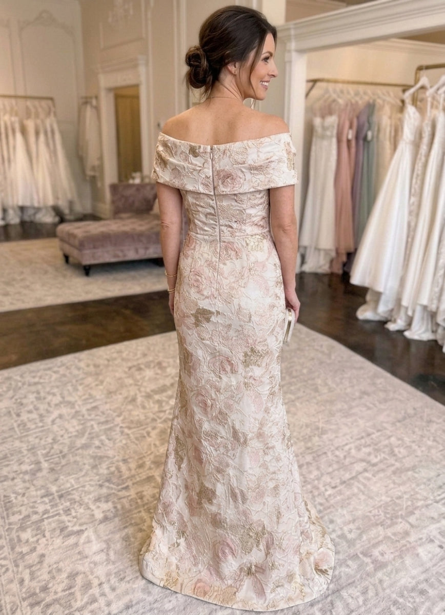 Trumpet/Mermaid Off-the-Shoulder Jacquard Mother of the Bride Dresses Floral Floor-Length Ruched Sleeveless