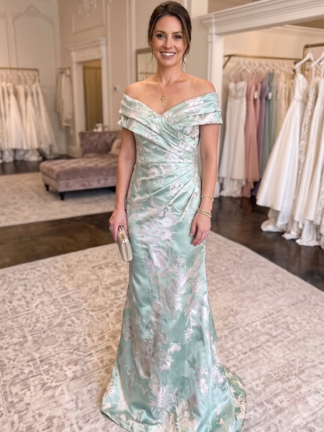Trumpet/Mermaid Off-the-Shoulder Jacquard Mother of the Bride Dresses Floral Ruched Floor-Length Sleeveless