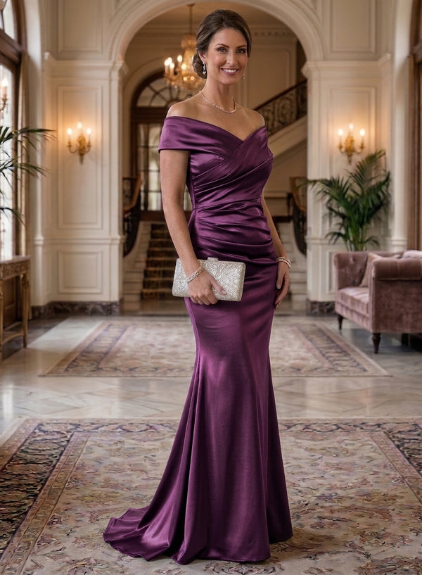 Trumpet/Mermaid Off-the-Shoulder Satin Mother of the Bride Dresses Ruched Floor-Length Sleeveless