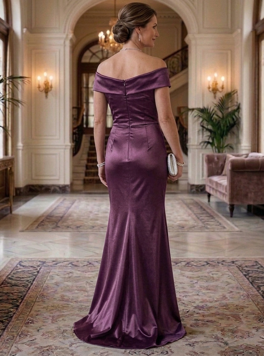 Trumpet/Mermaid Off-the-Shoulder Satin Mother of the Bride Dresses Ruched Floor-Length Sleeveless