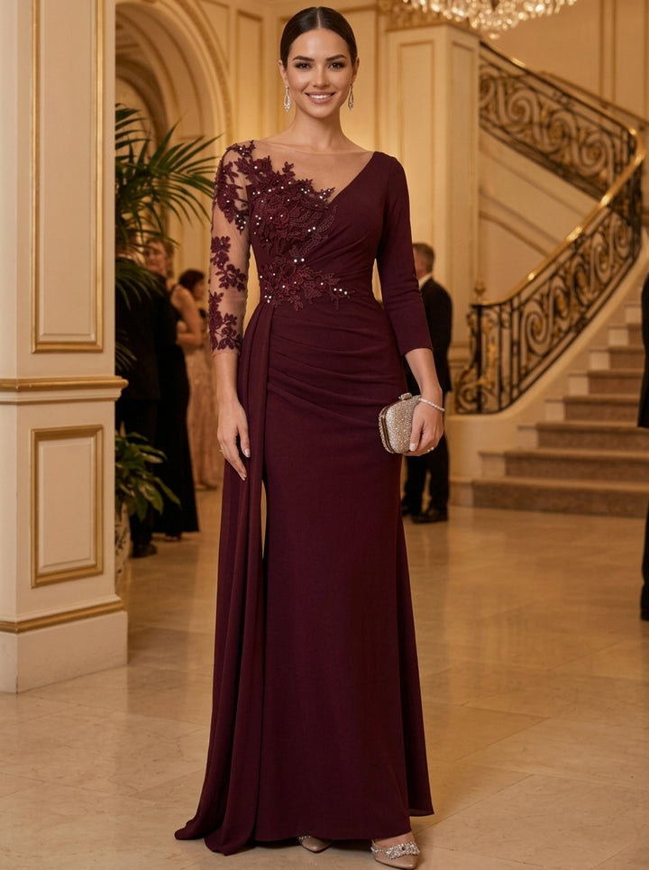 Sheath/Column Boct Neck Stretch Satin Mother of The Bride Dresses with Watteau Train 3/4 Sleeves Lace Floral Floor-Length