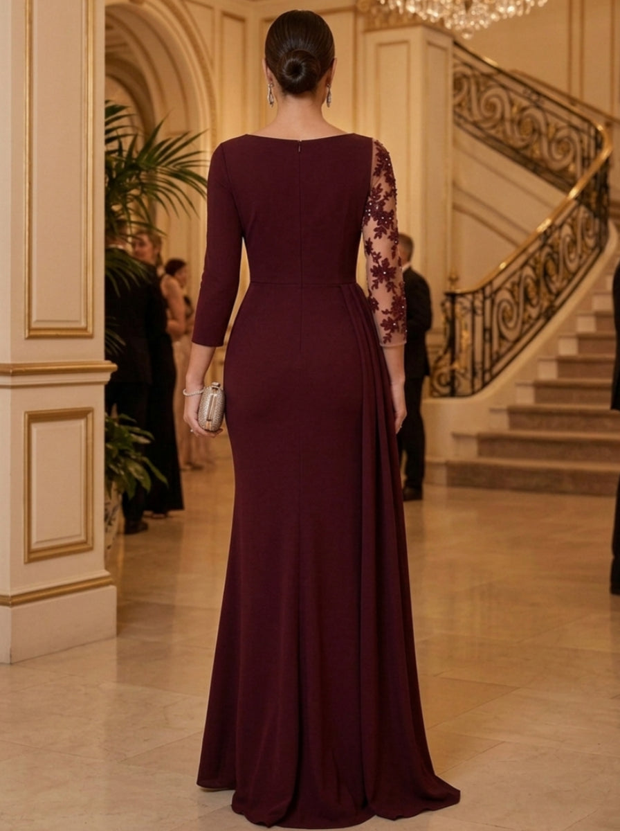 Sheath/Column Boct Neck Stretch Satin Mother of The Bride Dresses with Watteau Train 3/4 Sleeves Lace Floral Floor-Length